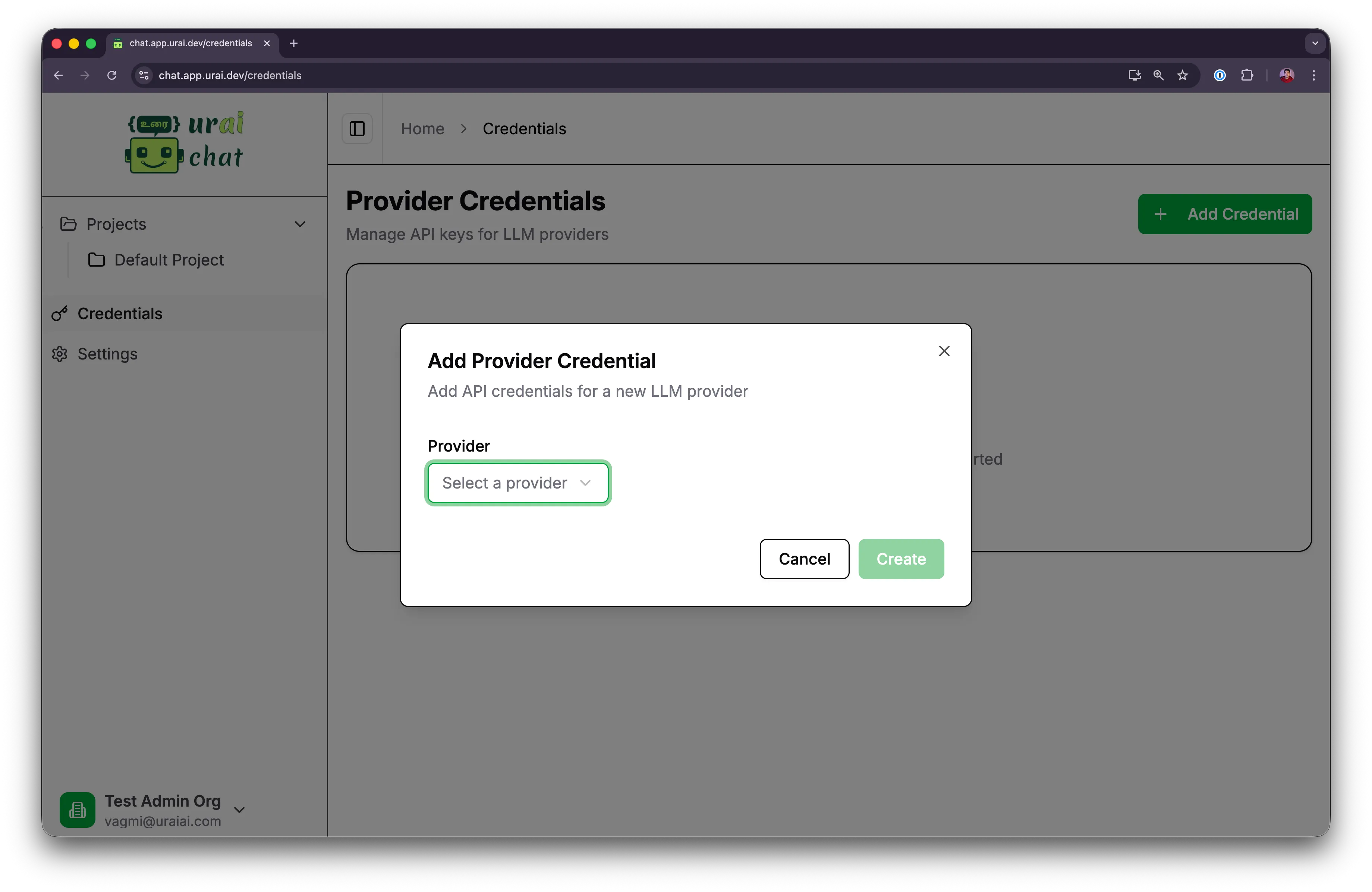 Empty Add Credential Modal